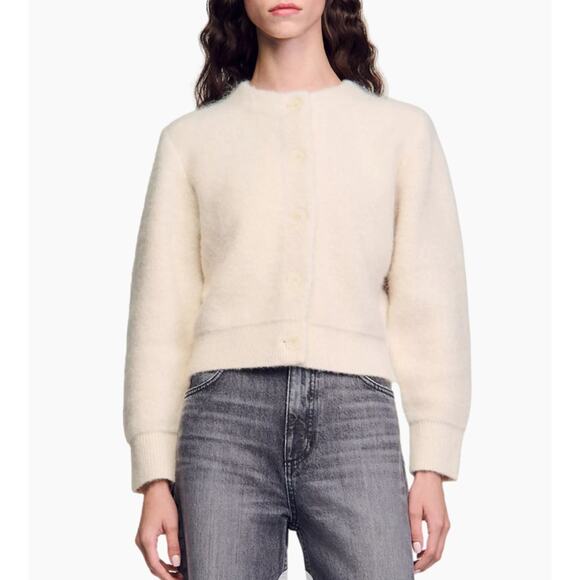 Sandro Cropped Fluffy Knit Cardigan Sweater Ivory Button Front Wool Sz 3 / L - Picture 1 of 11